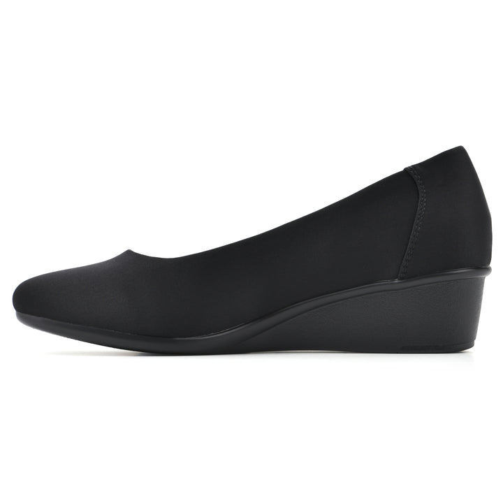 Side view of a low, black, fabric wedge with black sole