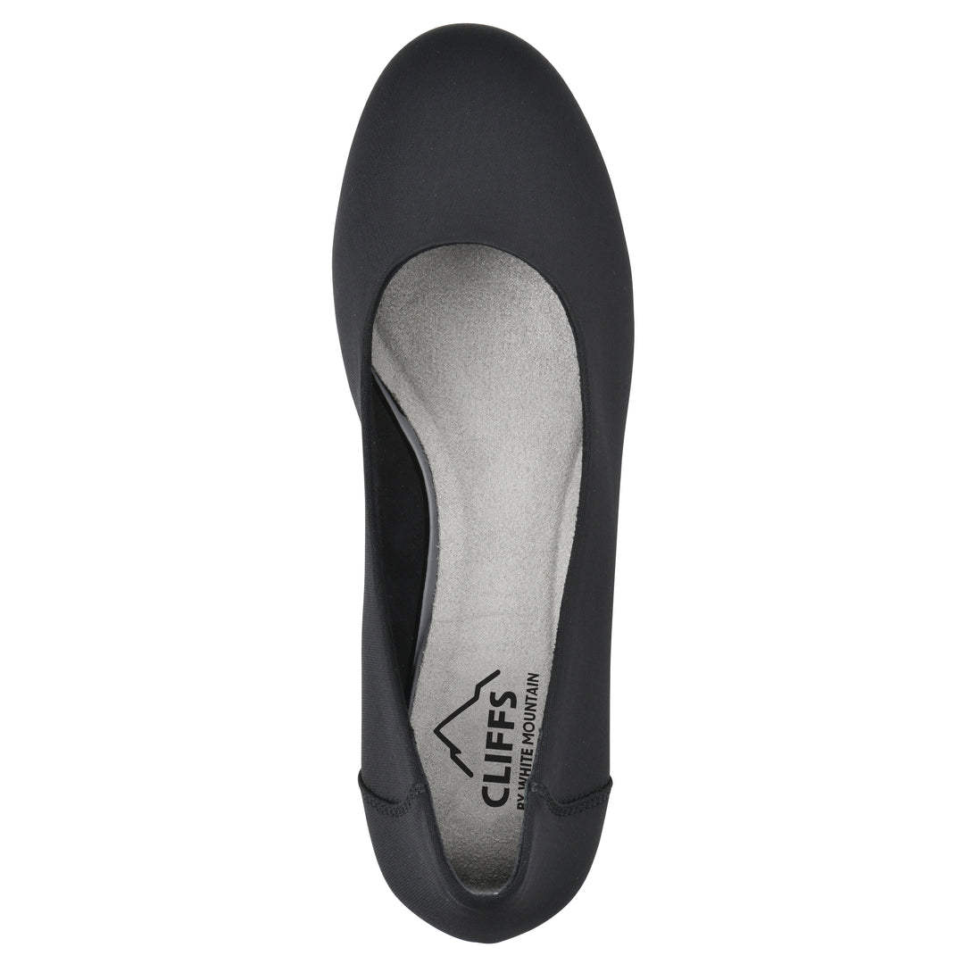 Top view of a low, black, fabric wedge with black sole