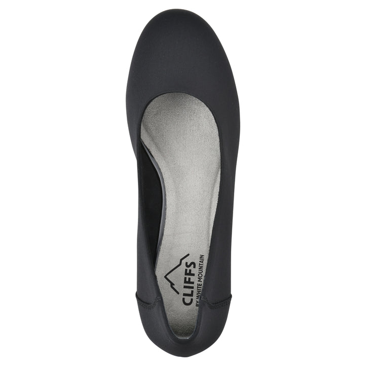 Top view of a low, black, fabric wedge with black sole