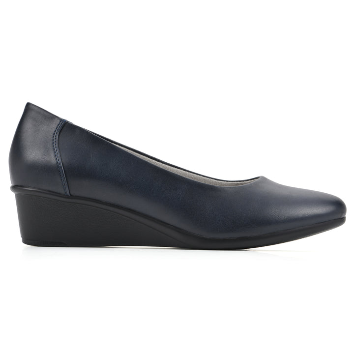 Side view of a low, navy, faux leather wedge with black sole