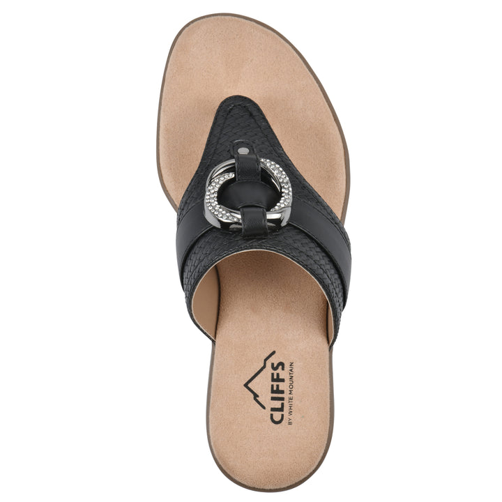 Top view of a black thong sandal with a centered metal ring ornament and tan sole