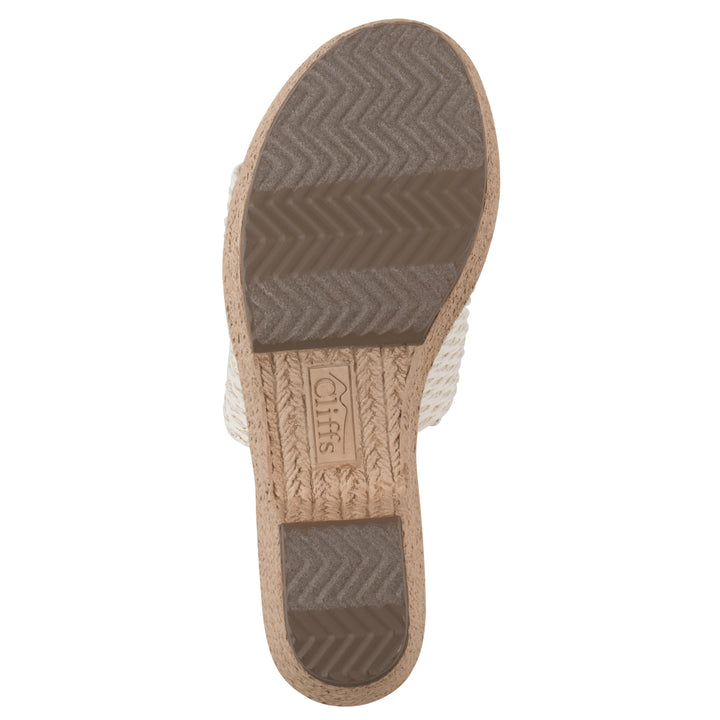 Sole view of a white and gold threaded fabric wedge sandal with a braided rope-style sole