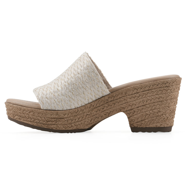 Side view of a white and gold threaded fabric wedge sandal with a braided rope-style sole