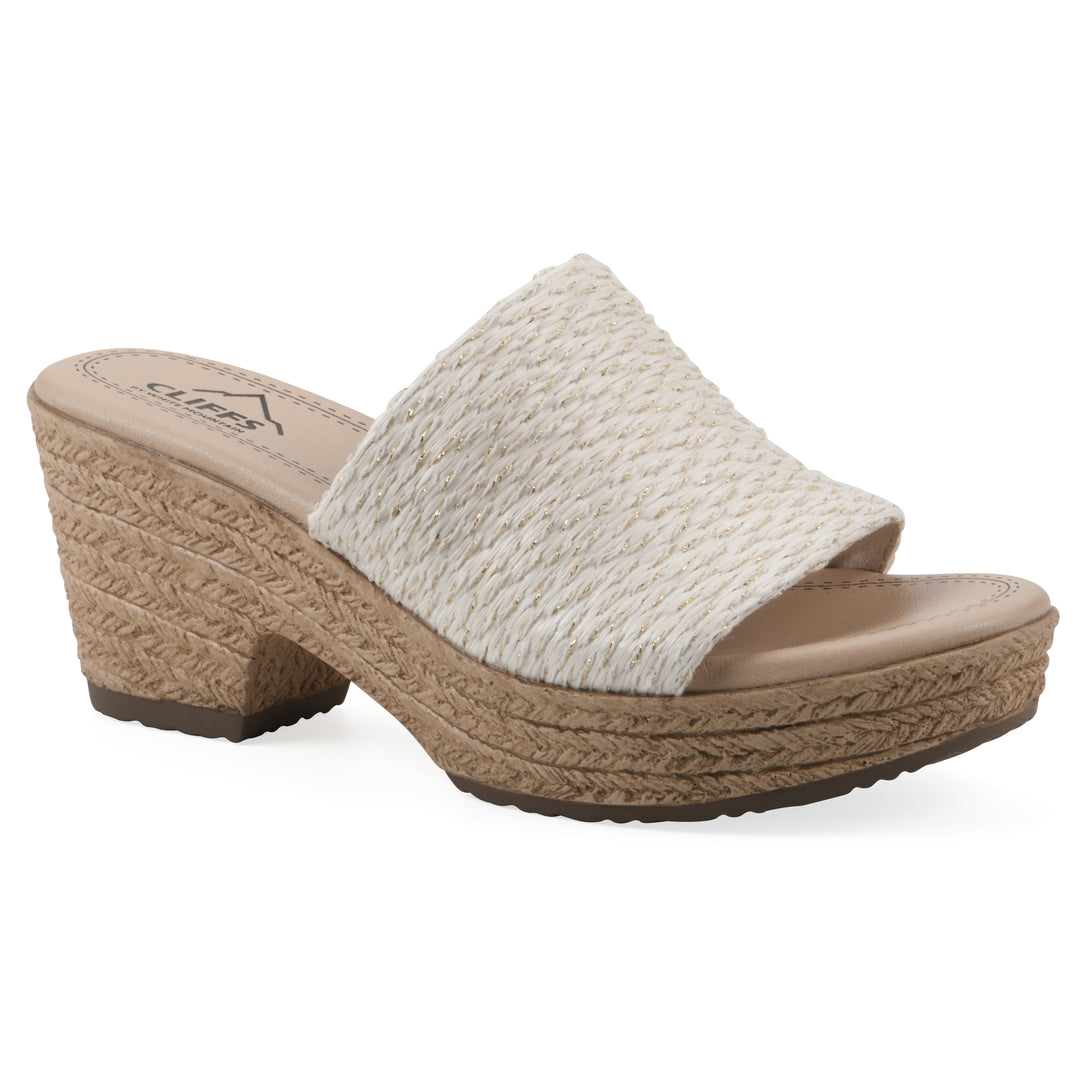 Angle view of a white and gold threaded fabric wedge sandal with a braided rope-style sole