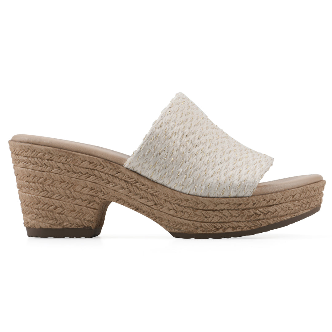 Side view of a white and gold threaded fabric wedge sandal with a braided rope-style sole