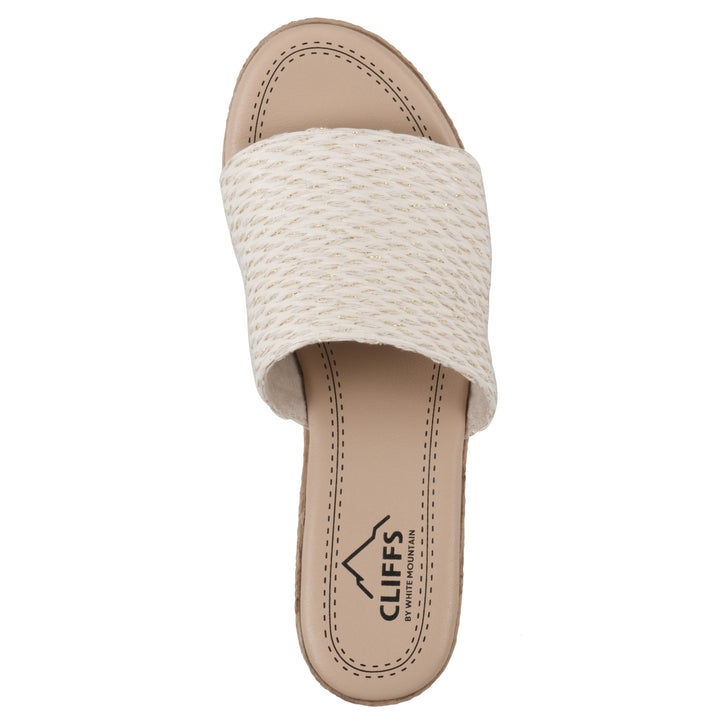 Top view of a white and gold threaded fabric wedge sandal with a braided rope-style sole