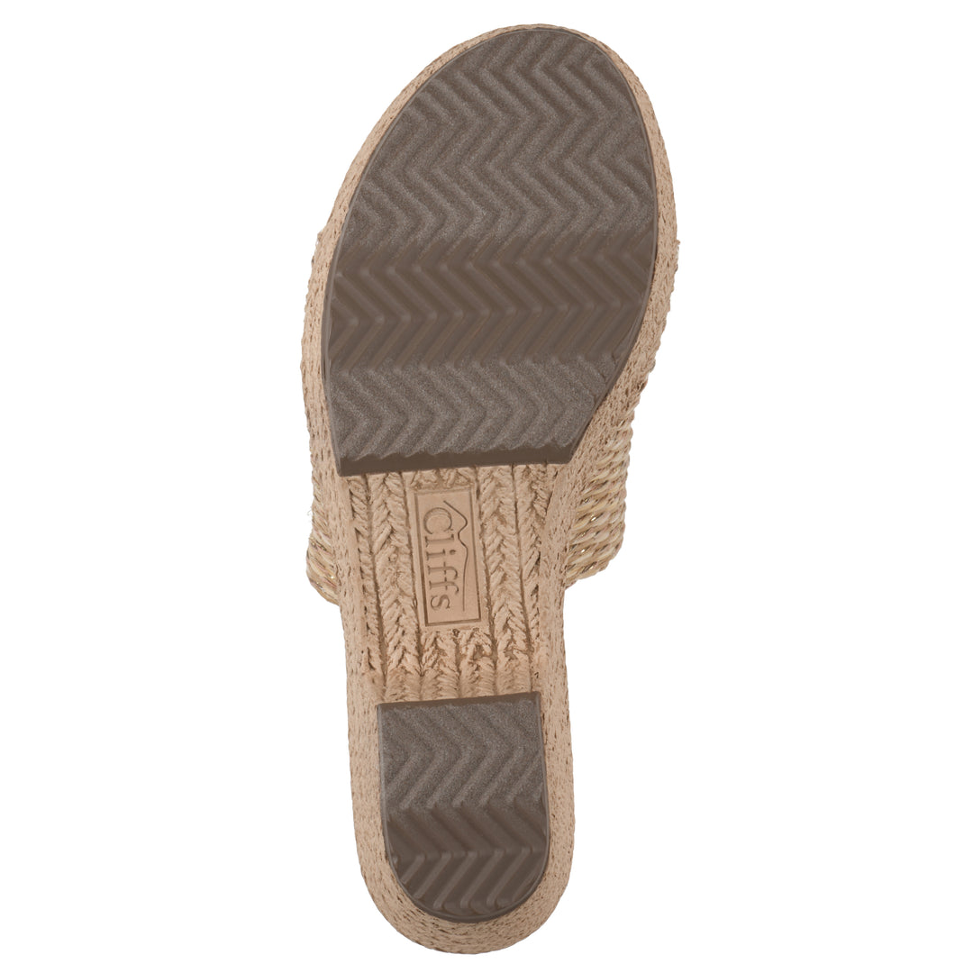Sole view of a natural and gold woven wedge sandal with a braided rope-style sole