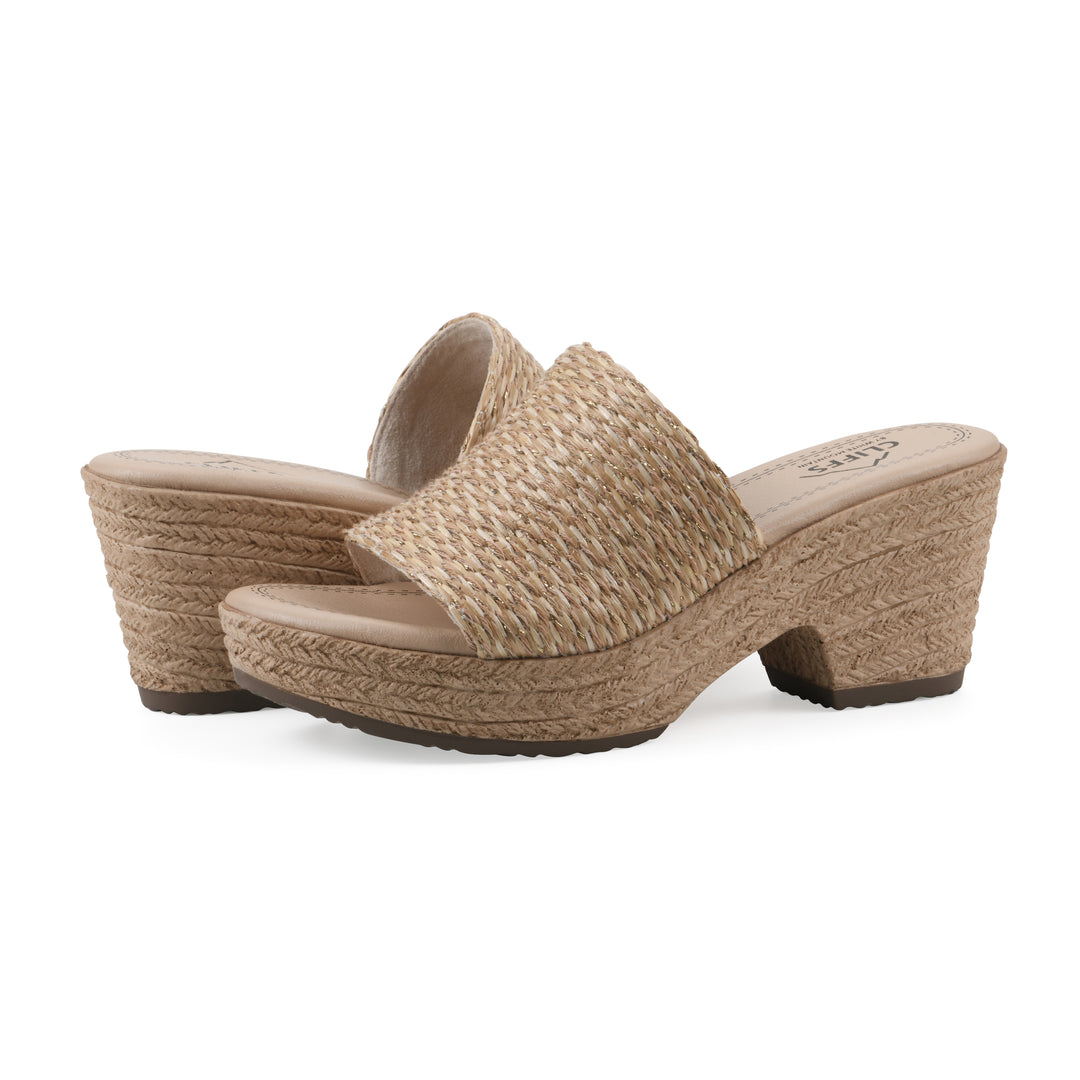 Angle view of a pair of natural and gold woven wedge sandals with a braided rope-style sole