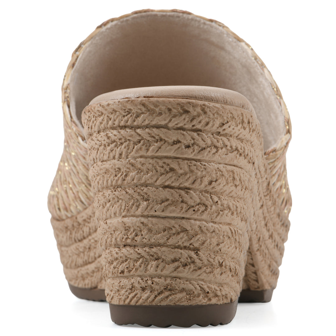 Rear view of a natural and gold woven wedge sandal with a braided rope-style sole