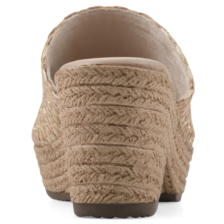 Rear view of a natural and gold woven wedge sandal with a braided rope-style sole