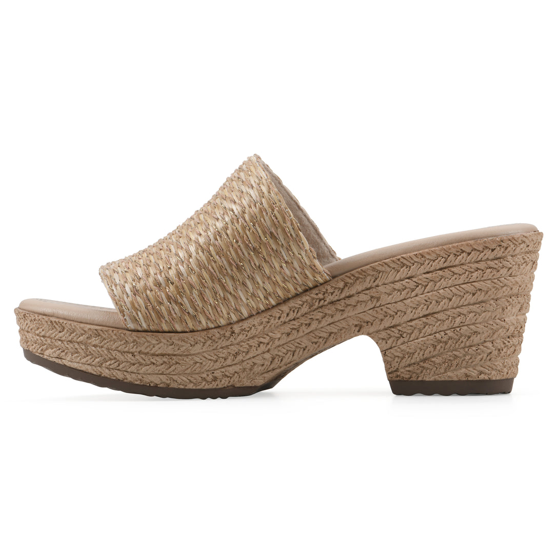 Side view of a natural and gold woven wedge sandal with a braided rope-style sole