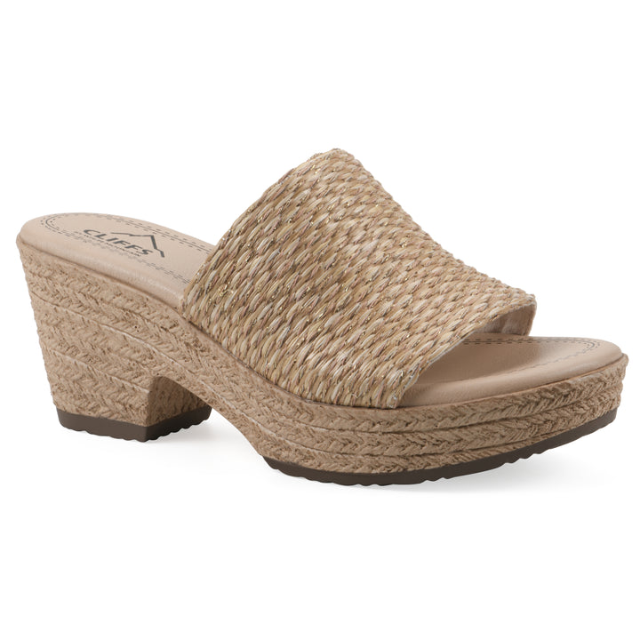 Angle view of a natural and gold woven wedge sandal with a braided rope-style sole