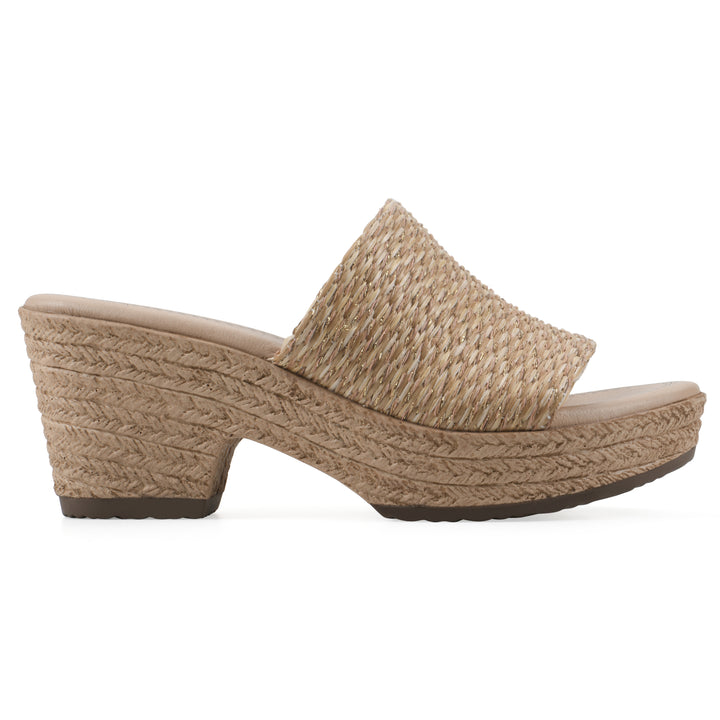 Side view of a natural and gold woven wedge sandal with a braided rope-style sole