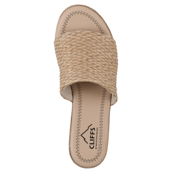 Top view of a natural and gold woven wedge sandal with a braided rope-style sole