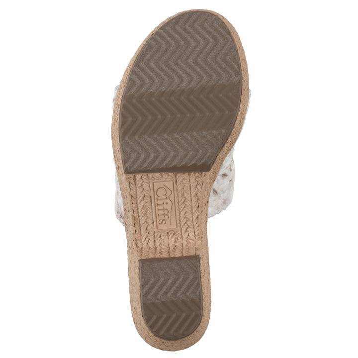 Sole view of a soft white floral designed wedge sandal with a braided rope-style sole