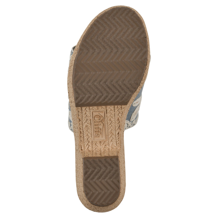 Sole view of a denim wedge sandal with cream embroidered floral pattern and a braided rope-style sole