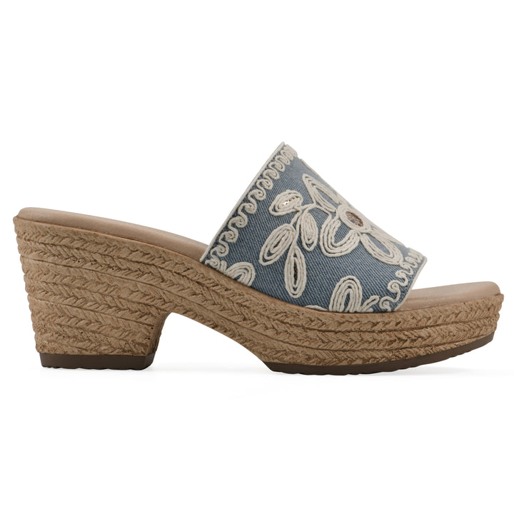 Side view of a denim wedge sandal with cream embroidered floral pattern and a braided rope-style sole