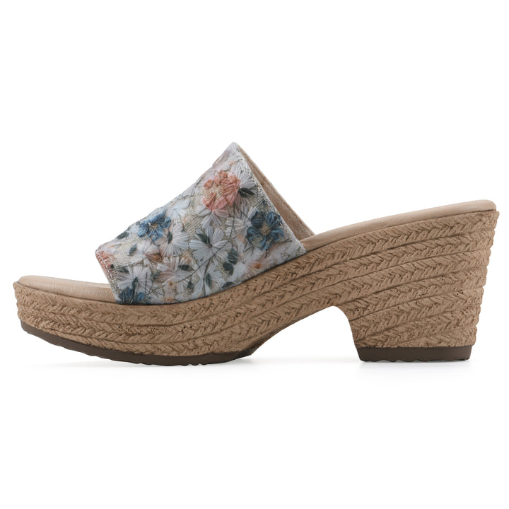 Side view of a muted watercolor floral pattern wedge sandal and a braided rope-style sole