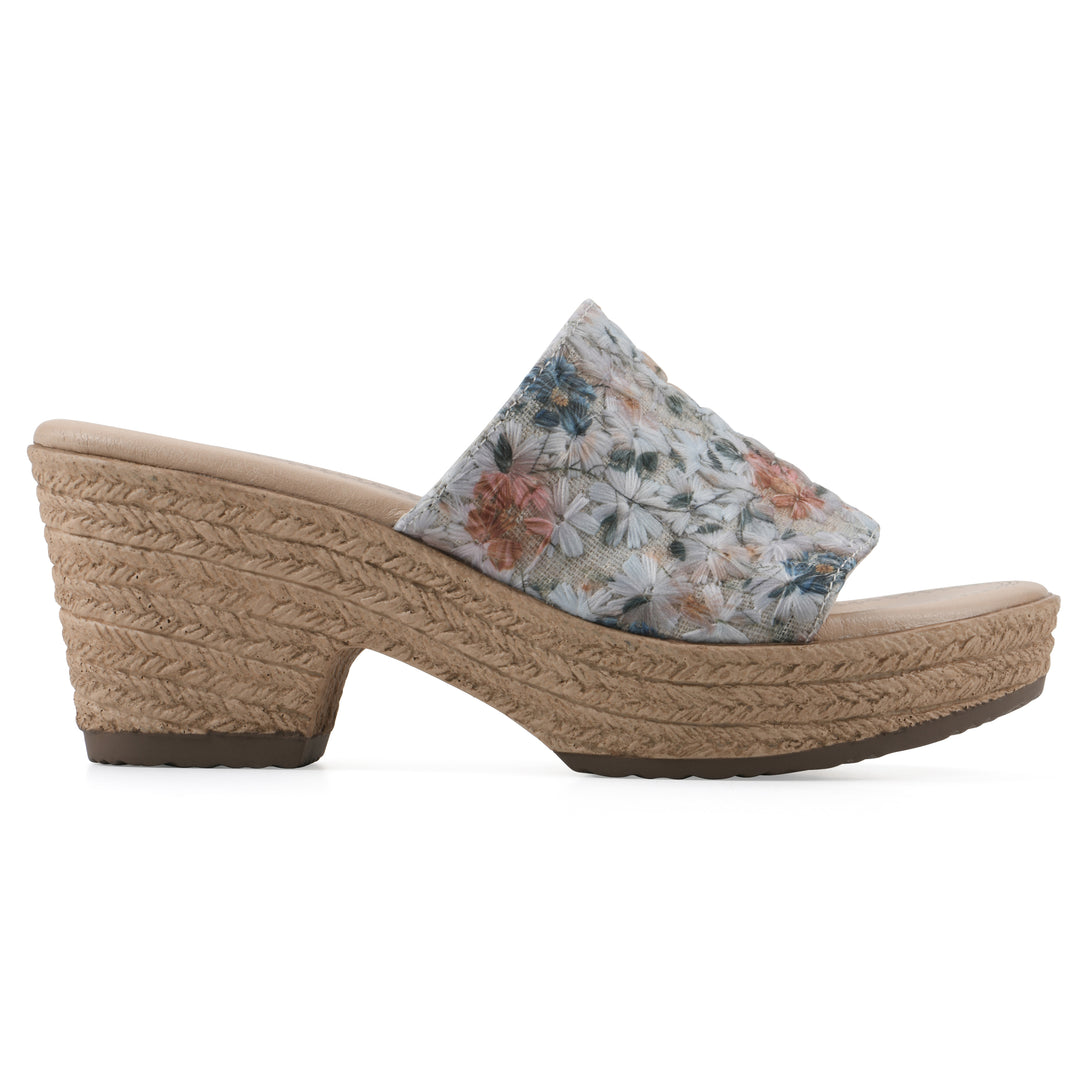 Side view of a muted watercolor floral pattern wedge sandal and a braided rope-style sole