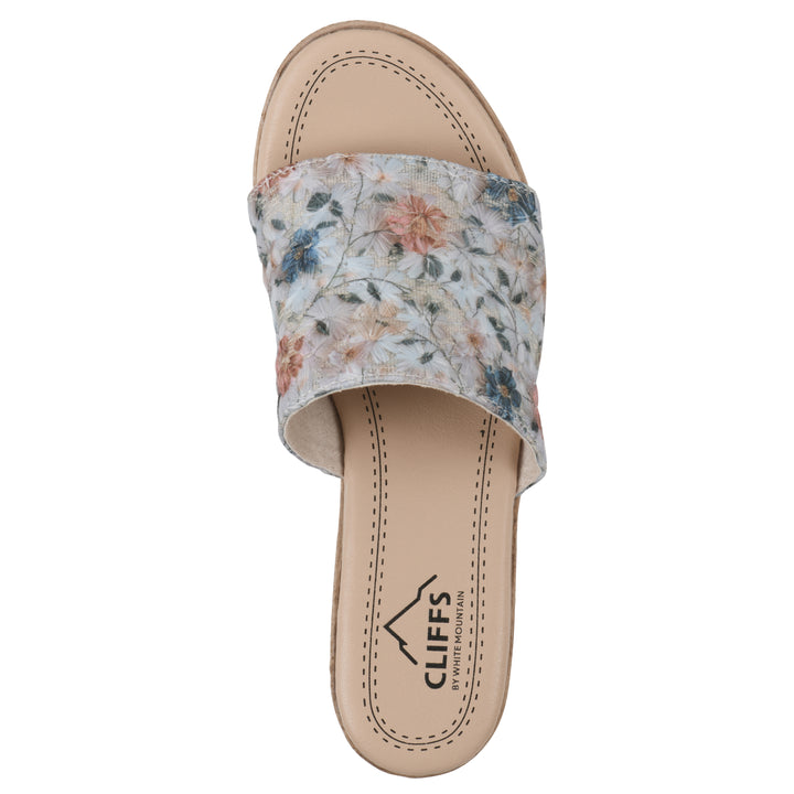 Top view of a muted watercolor floral pattern wedge sandal and a braided rope-style sole