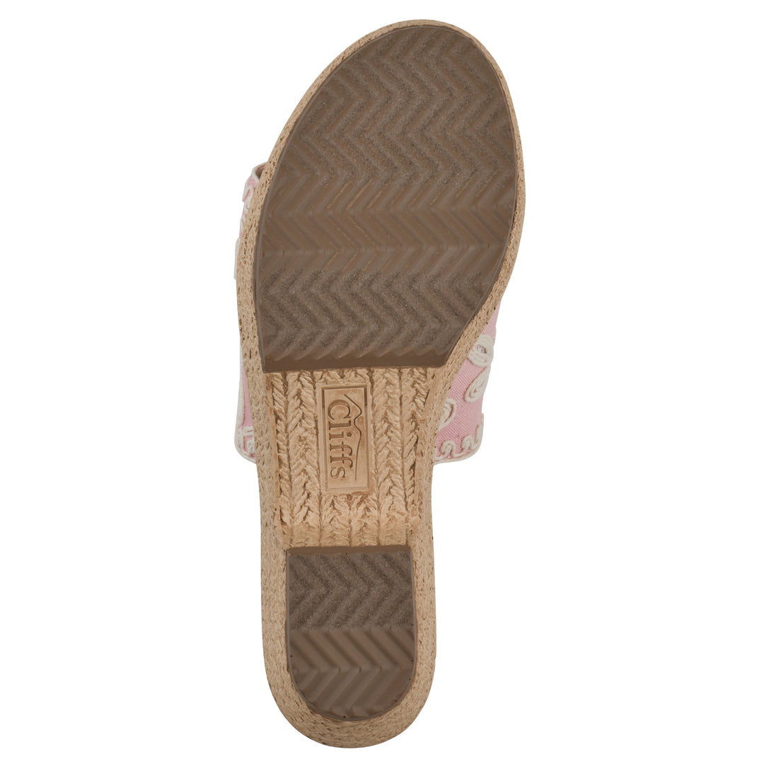 Sole view of a pale pink wedge sandal with cream embroidered floral pattern and a braided rope-style sole