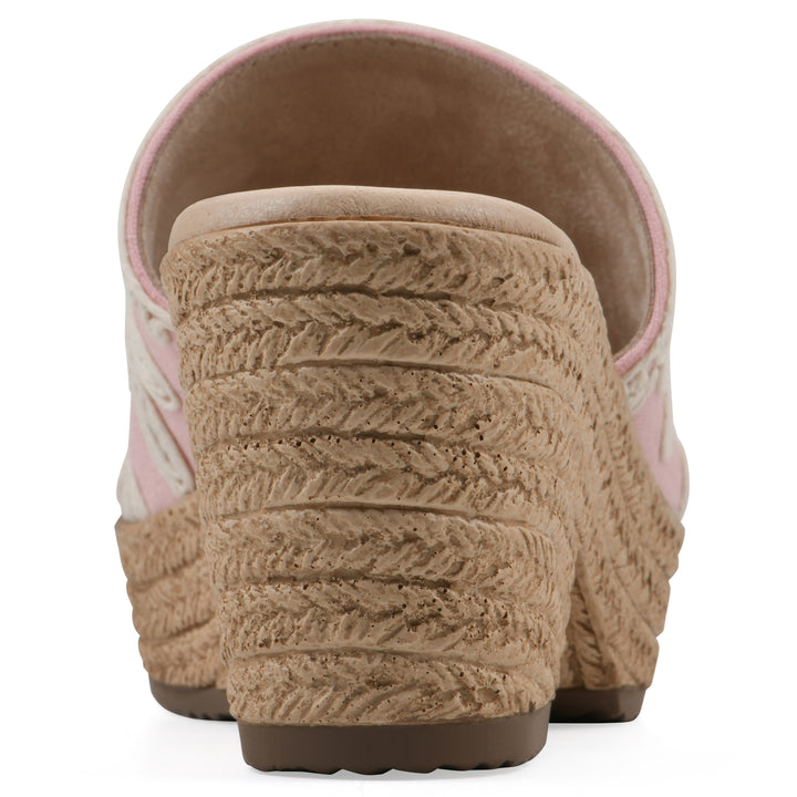Rear view of a pale pink wedge sandal with cream embroidered floral pattern and a braided rope-style sole