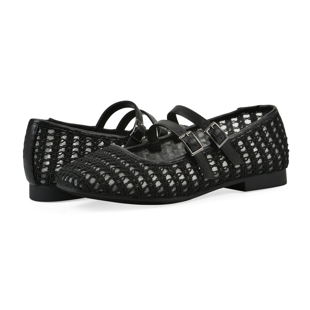 Angle view of a pair of black mesh ballet flats with double adjustable mini straps and a black sole 