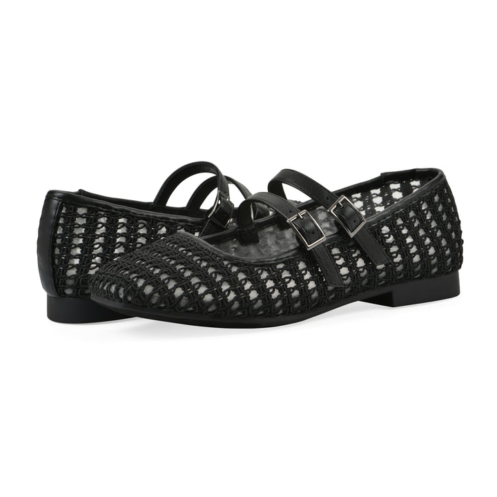 Angle view of a pair of black mesh ballet flats with double adjustable mini straps and a black sole 