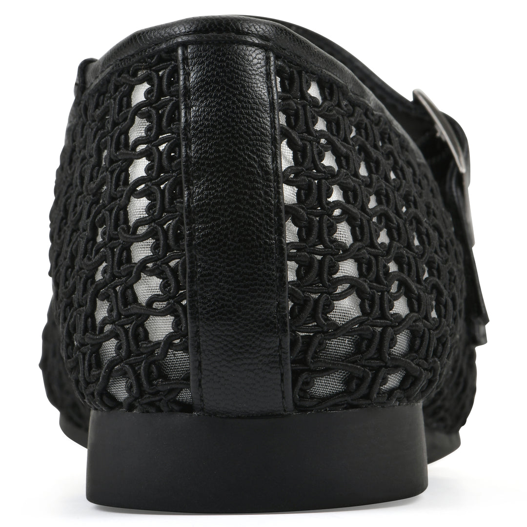 Rear view of a black mesh ballet flat with double adjustable mini straps and a black sole 