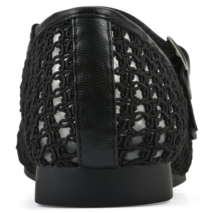 Rear view of a black mesh ballet flat with double adjustable mini straps and a black sole 