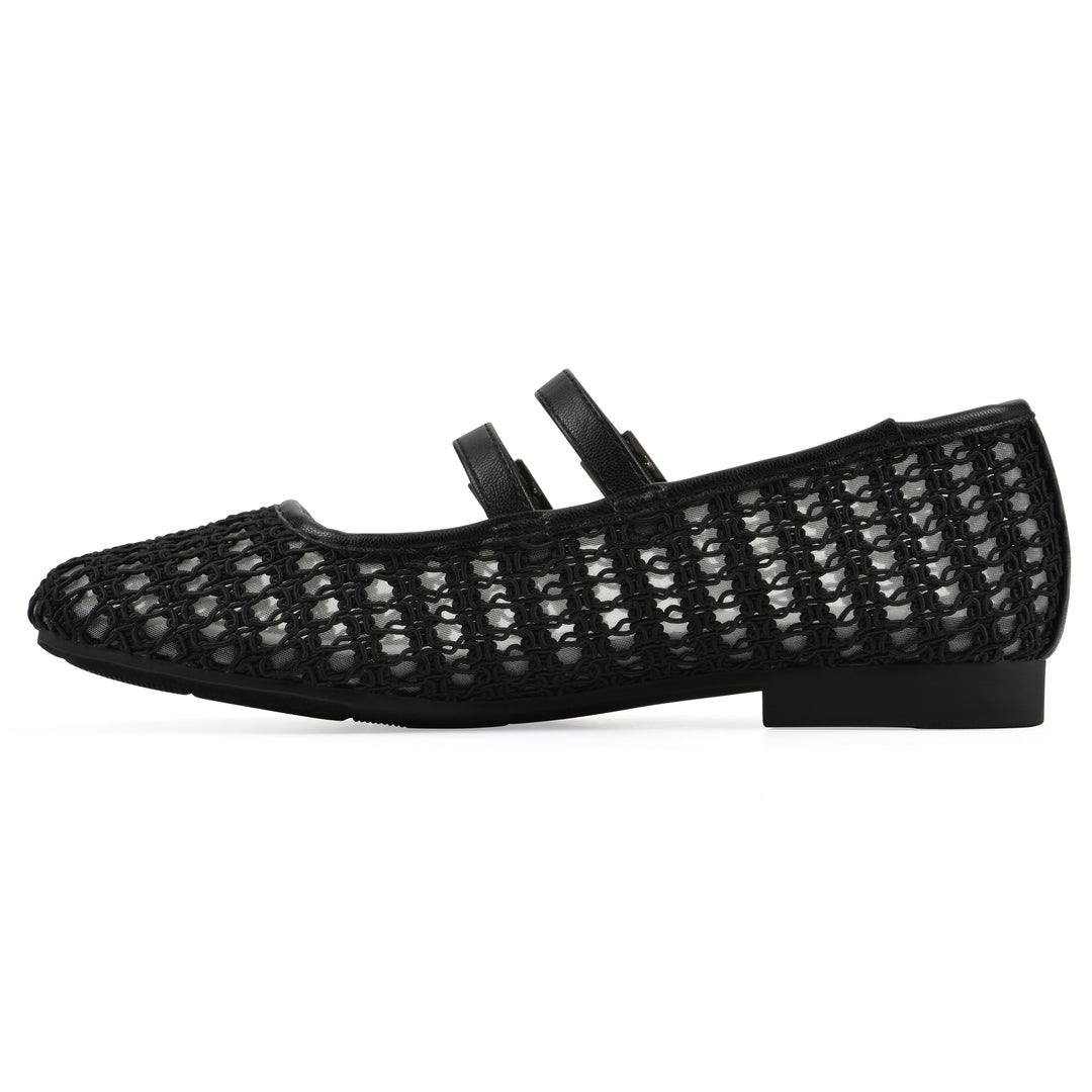 Side view of a black mesh ballet flat with double adjustable mini straps and a black sole 