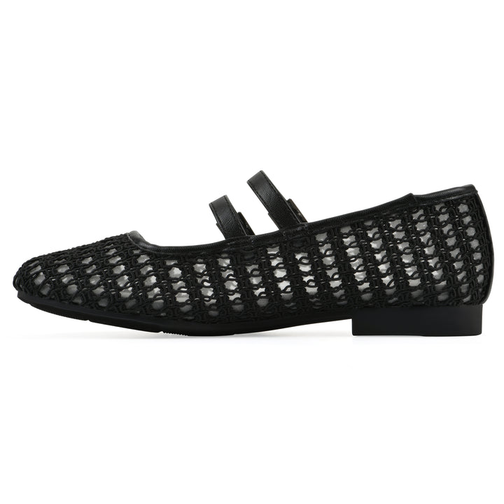 Side view of a black mesh ballet flat with double adjustable mini straps and a black sole 