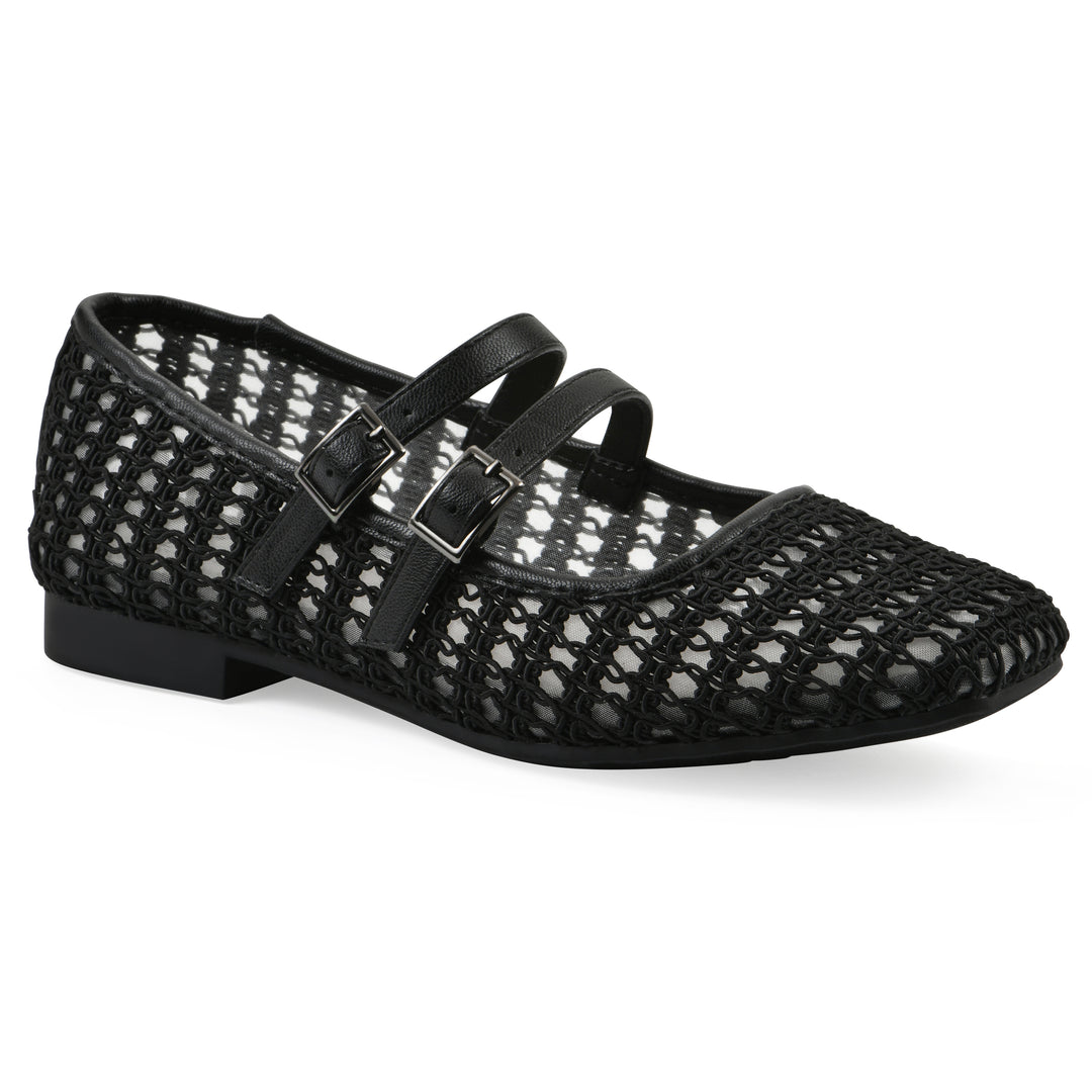 Angle view of a black mesh ballet flat with double adjustable mini straps and a black sole 