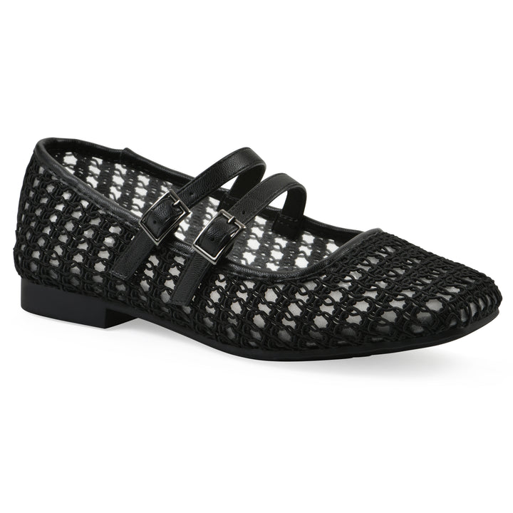 Angle view of a black mesh ballet flat with double adjustable mini straps and a black sole 