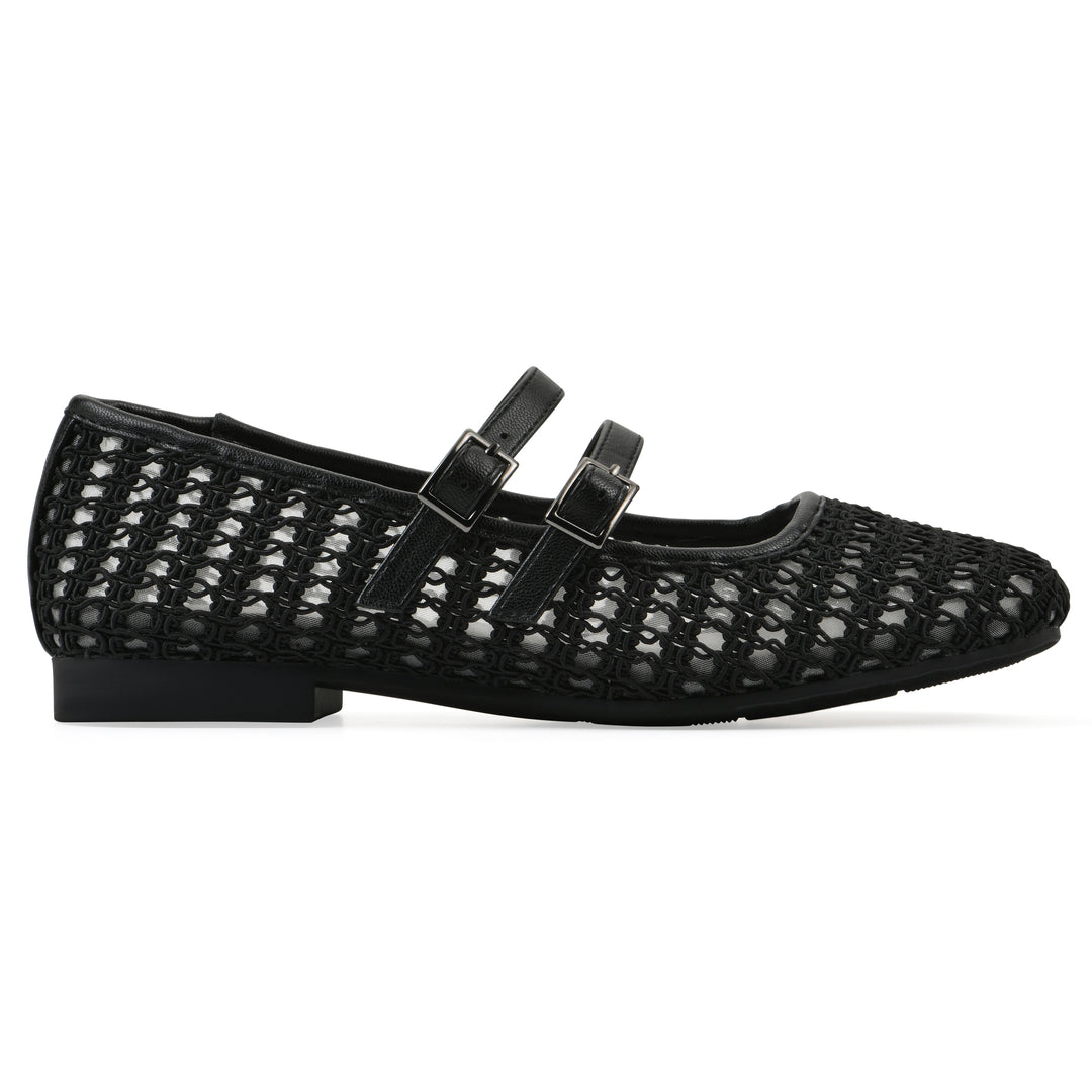 Side view of a black mesh ballet flat with double adjustable mini straps and a black sole 