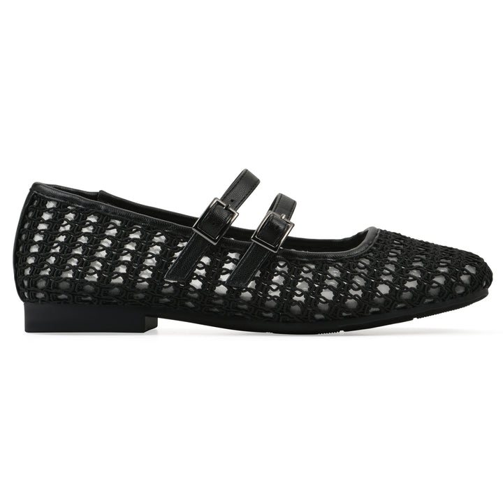 Side view of a black mesh ballet flat with double adjustable mini straps and a black sole 