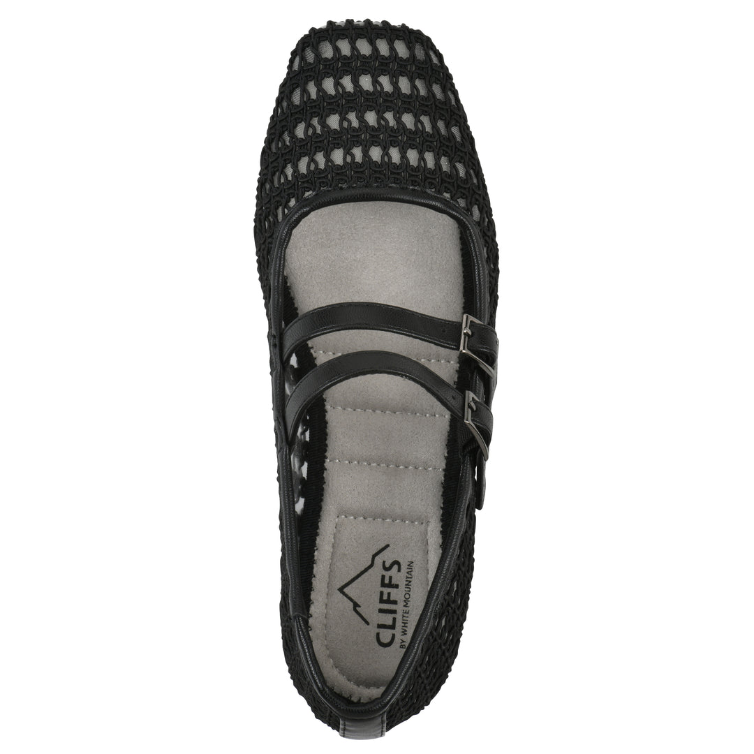 Top view of a black mesh ballet flat with double adjustable mini straps and a black sole 