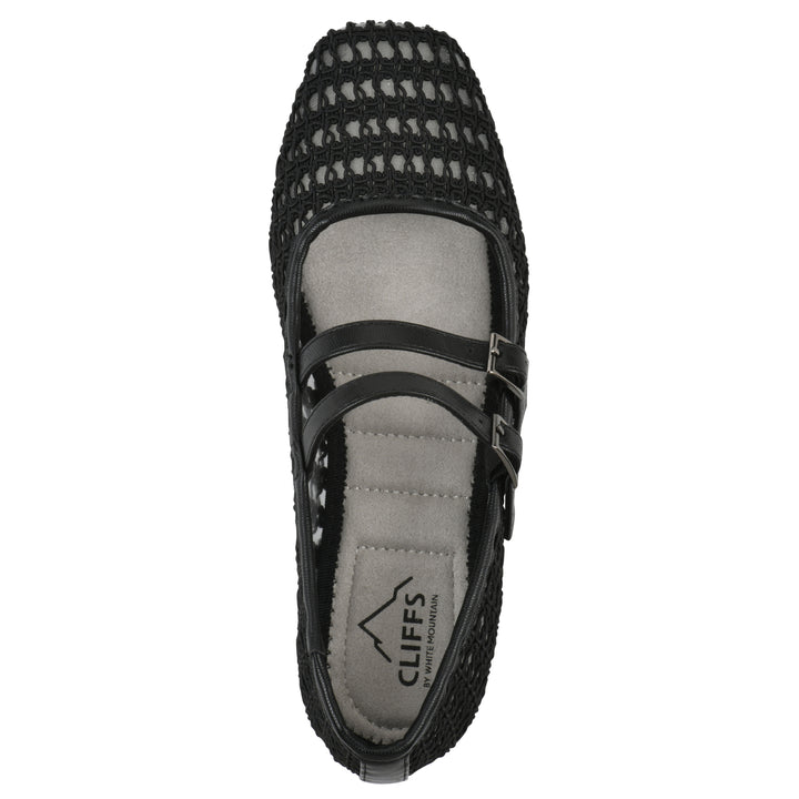 Top view of a black mesh ballet flat with double adjustable mini straps and a black sole 
