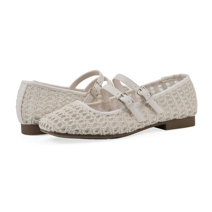 Angle view of a pair of ecru mesh ballet flats with double adjustable mini straps and a brown sole 