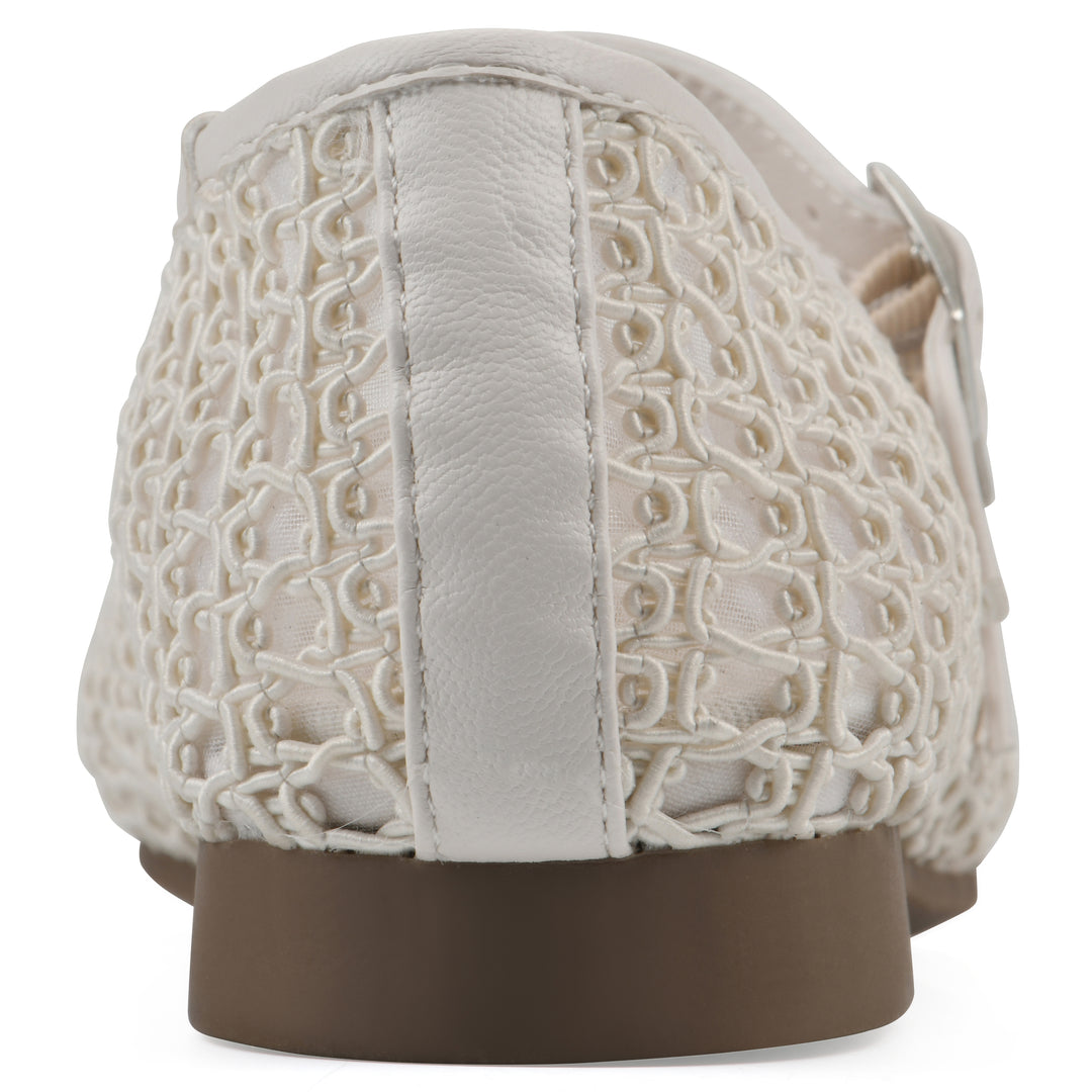 Rear view of an ecru mesh ballet flat with double adjustable mini straps and a brown sole 