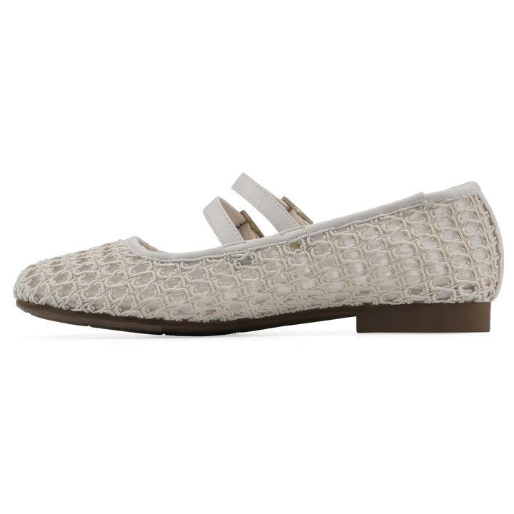Side view of an ecru mesh ballet flat with double adjustable mini straps and a brown sole 