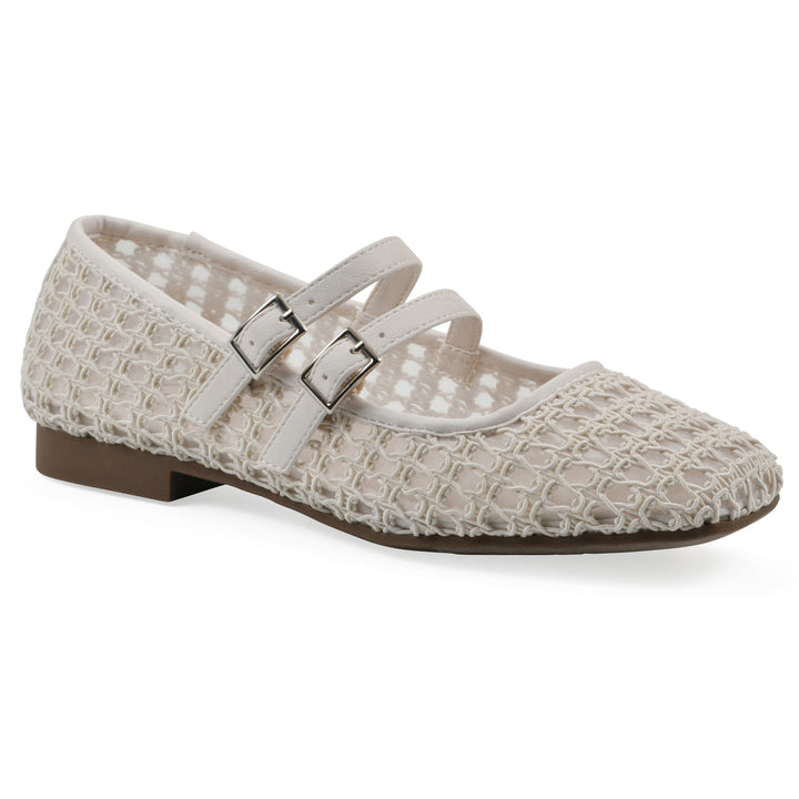 Angle view of an ecru mesh ballet flat with double adjustable mini straps and a brown sole 