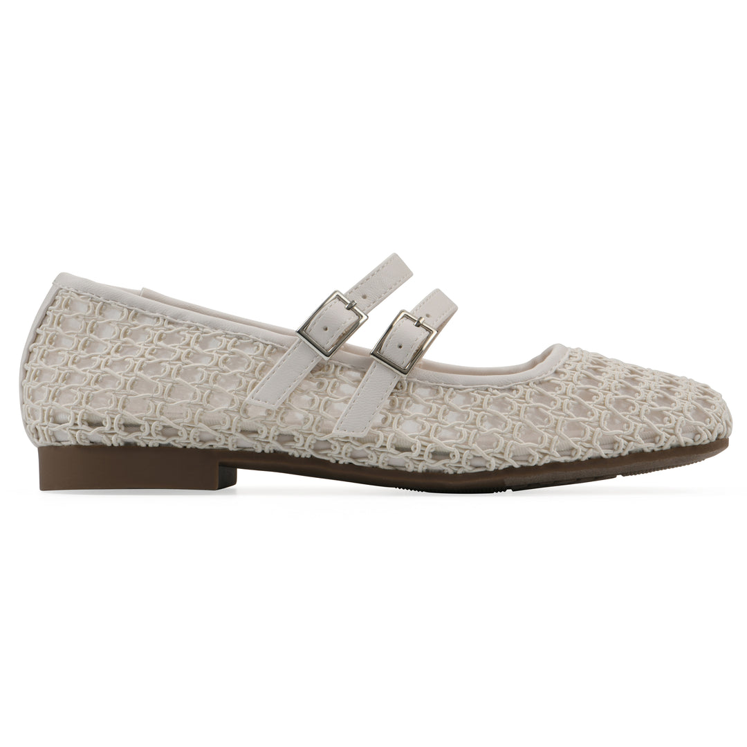 Side view of an ecru mesh ballet flat with double adjustable mini straps and a brown sole 