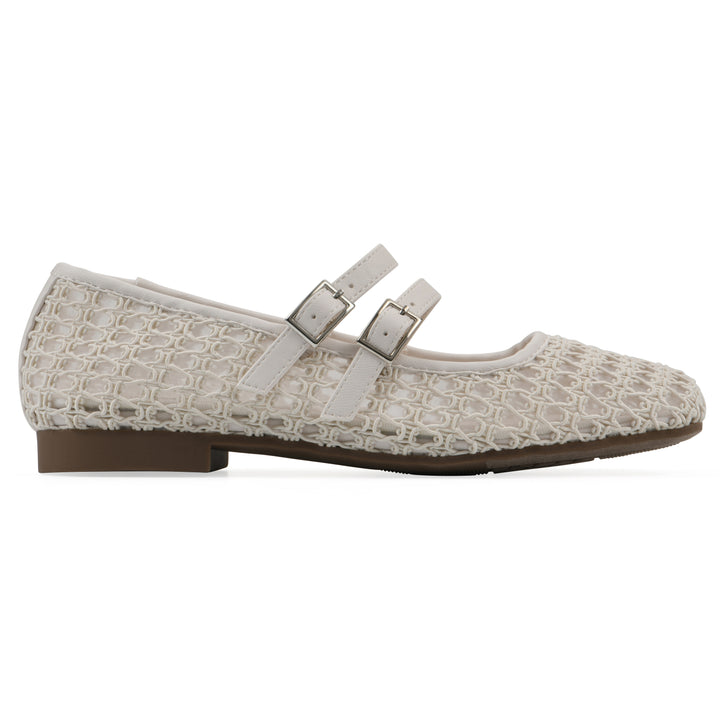 Side view of an ecru mesh ballet flat with double adjustable mini straps and a brown sole 