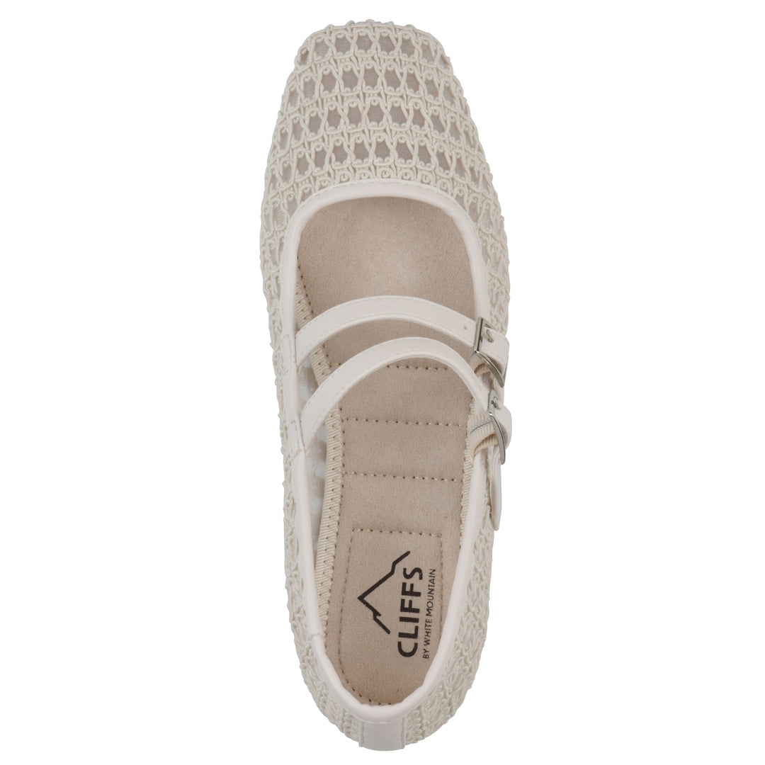 Top view of an ecru mesh ballet flat with double adjustable mini straps and a brown sole 