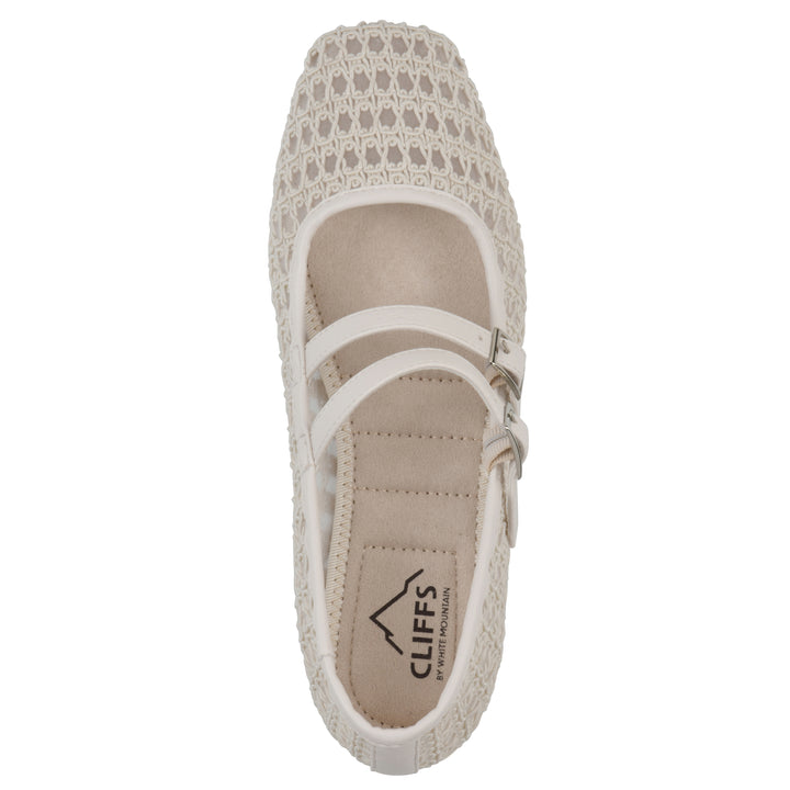 Top view of an ecru mesh ballet flat with double adjustable mini straps and a brown sole 