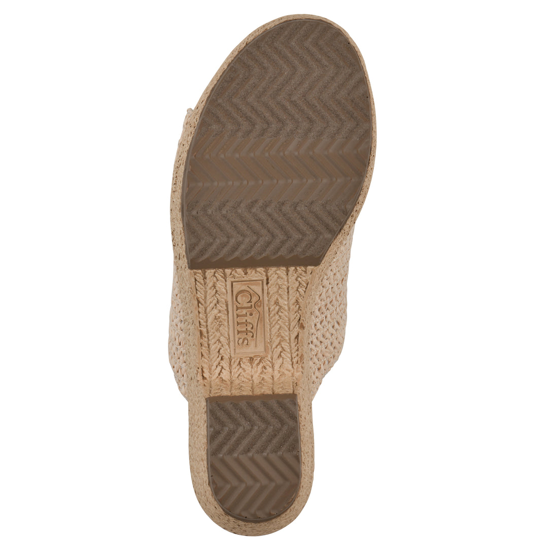 Sole view of a natural raffia wedge sandal with a braided rope-style sole