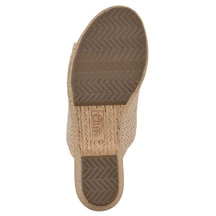 Sole view of a natural raffia wedge sandal with a braided rope-style sole