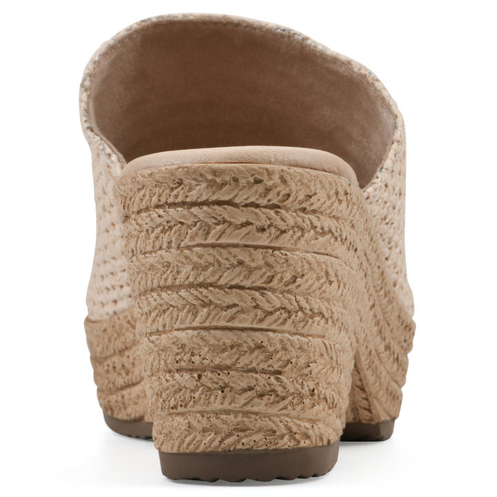 Rear view of a natural raffia wedge sandal with a braided rope-style sole