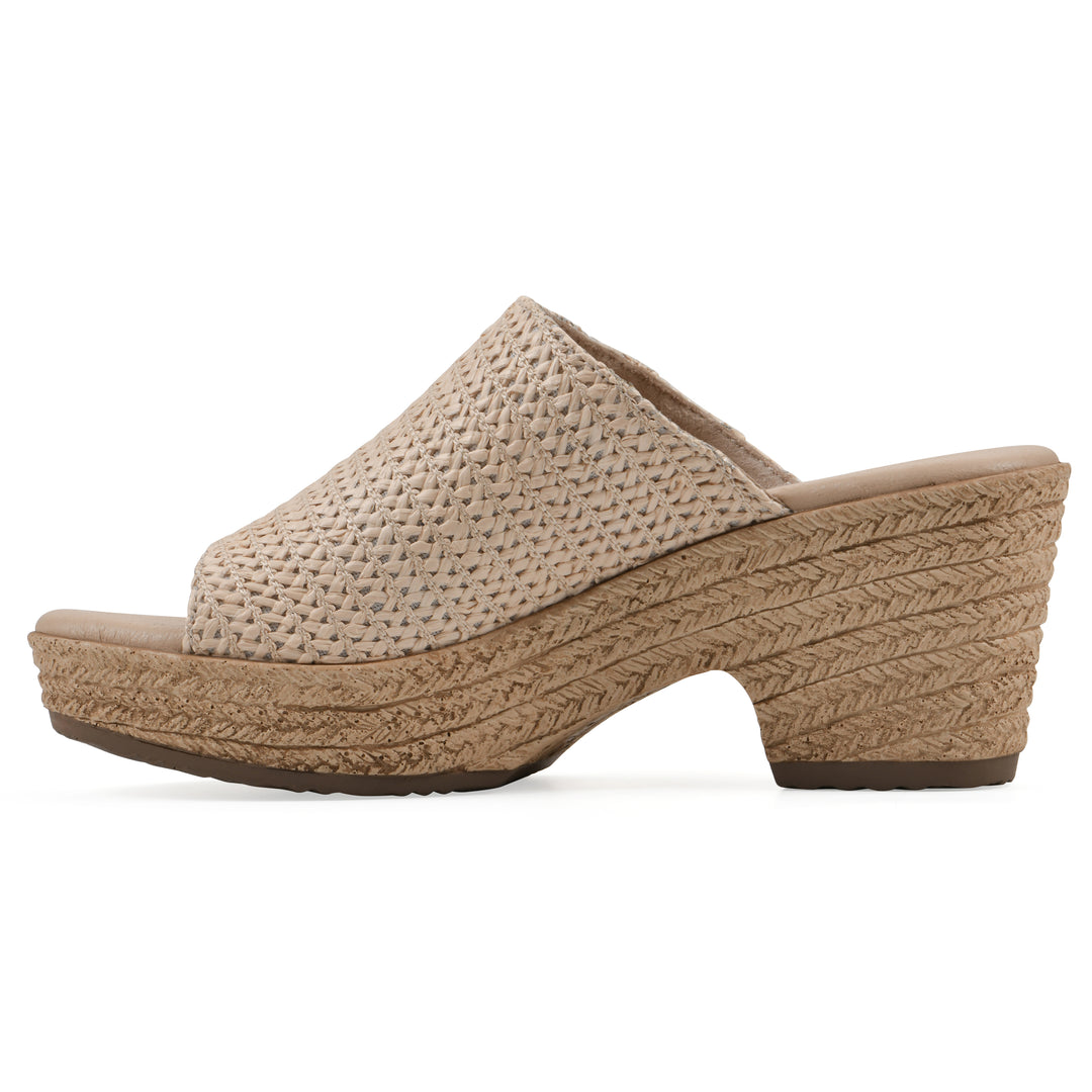 Side view of a natural raffia wedge sandal with a braided rope-style sole